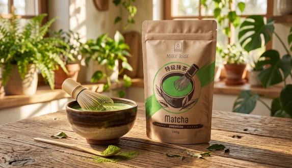 Przygotowana dobra matcha w tradycyjnej ceramicznej czarce obok opakowania matcha Mary Rose Premium