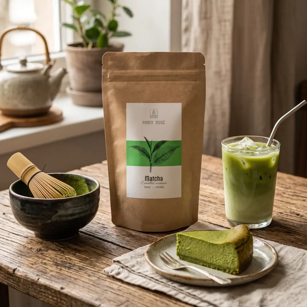 Wyrazista matcha chińska marki Mary Rose w klasie kulinarnej w towarzystwie zielonego sernika i napoju z lodem