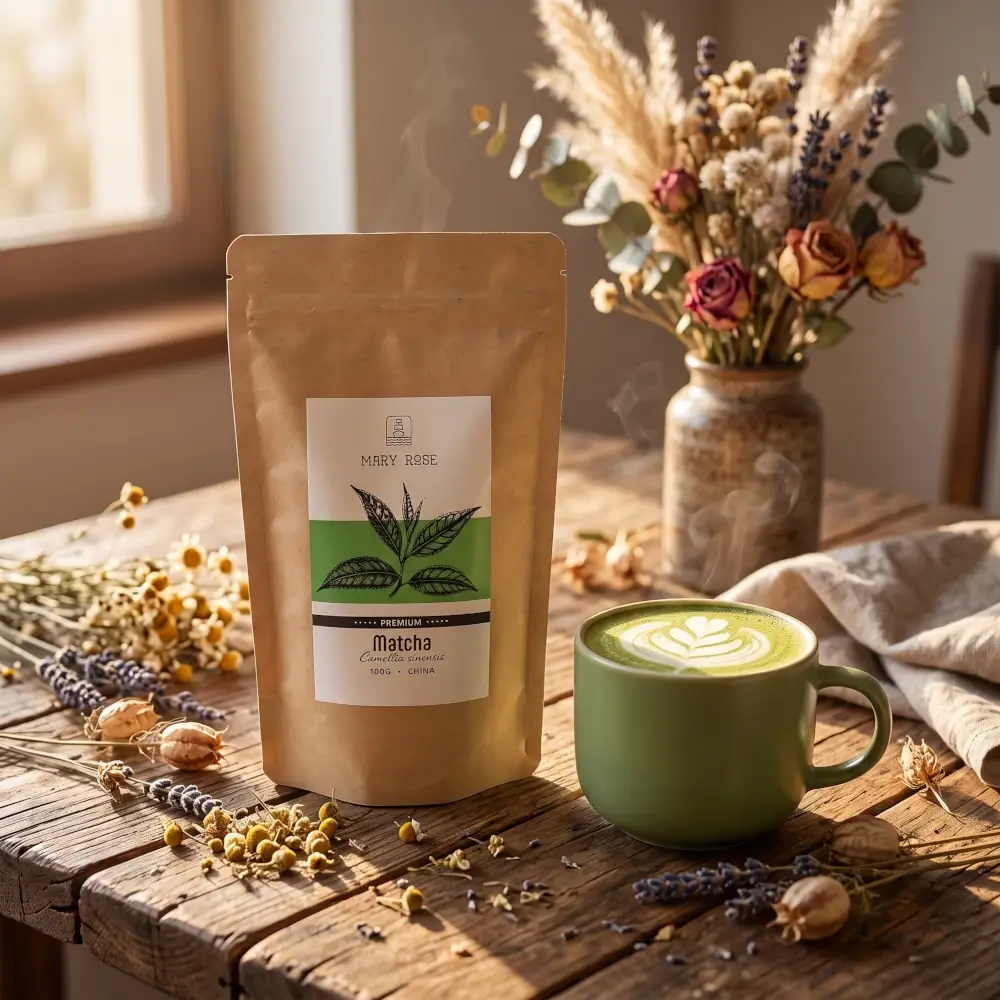 Tradycyjna matcha chińska w klasie premium oraz klasyczne, gorące latte przygotowane z matchy Mary Rose