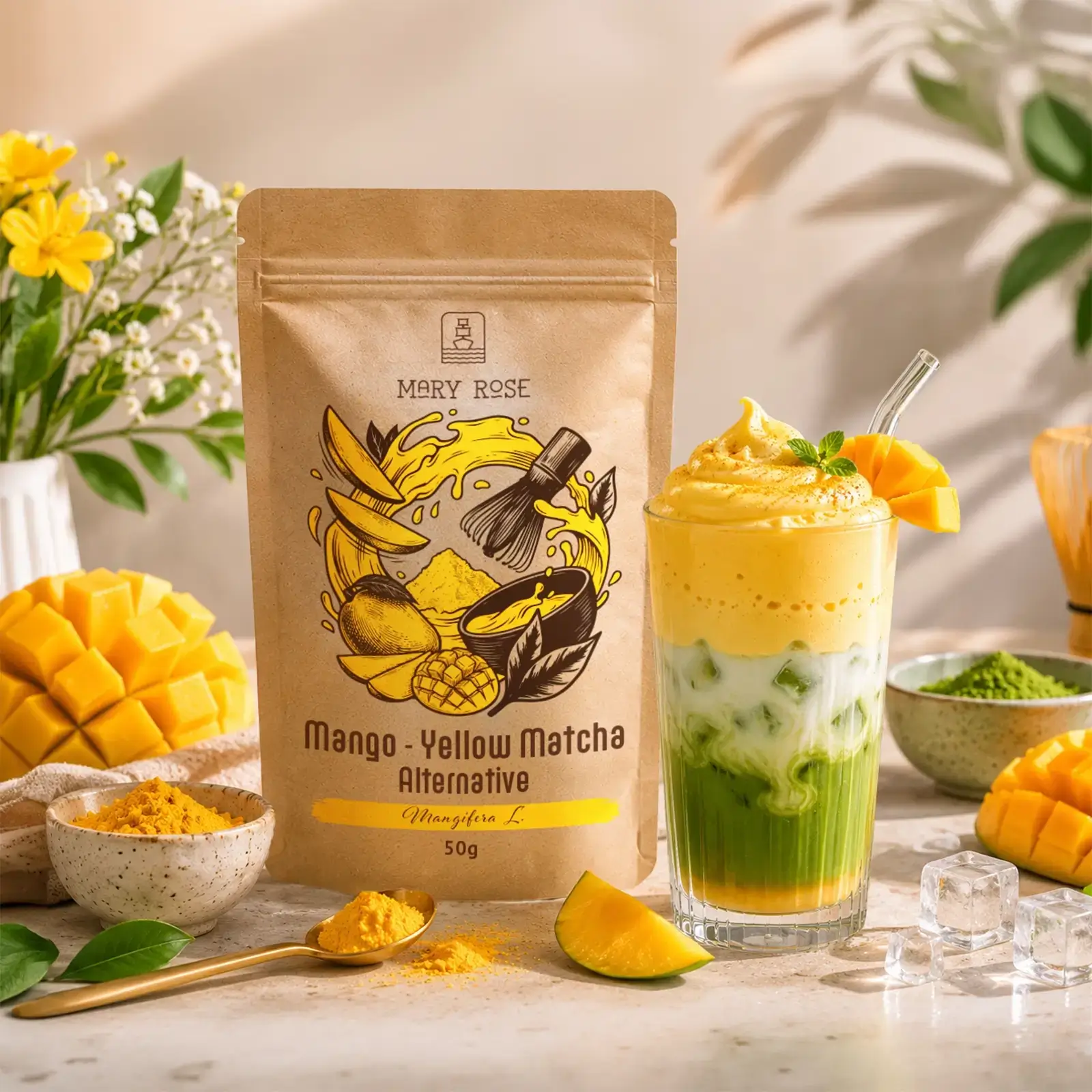 Żółte, owocowe latte z pianką przygotowane z liofilizowanego proszku Yellow Matcha Mango Mary Rose