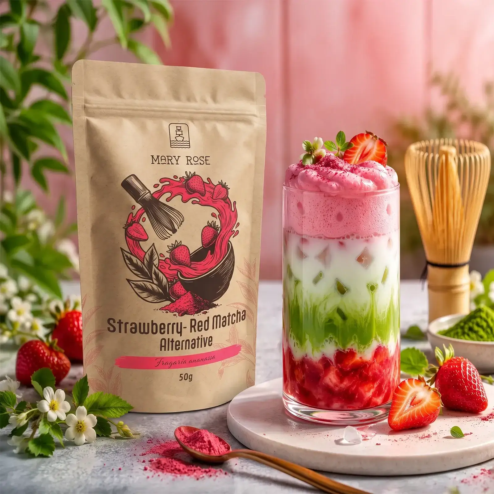Kolorowy, warstwowy napój truskawkowy zrobiony z wykorzystaniem proszku Red Matcha Alternative Mary Rose