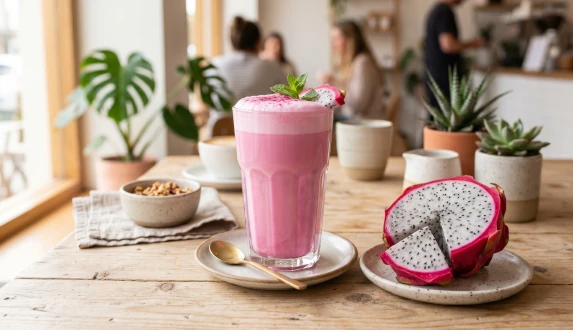 Szklanka z pink matcha latte oraz świeży smoczy owoc na drewnianym stole w kawiarni